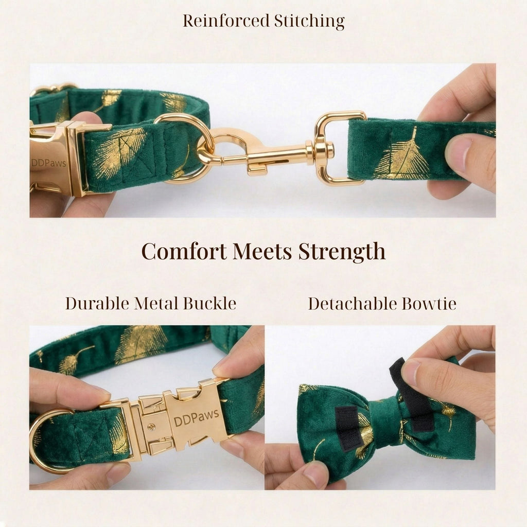 Personalized Green Velvet Dog Harness, Collar & Leash Set
