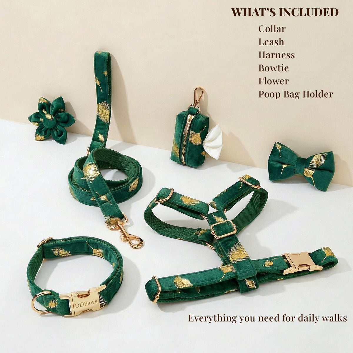 Personalized Green Velvet Dog Harness, Collar & Leash Set
