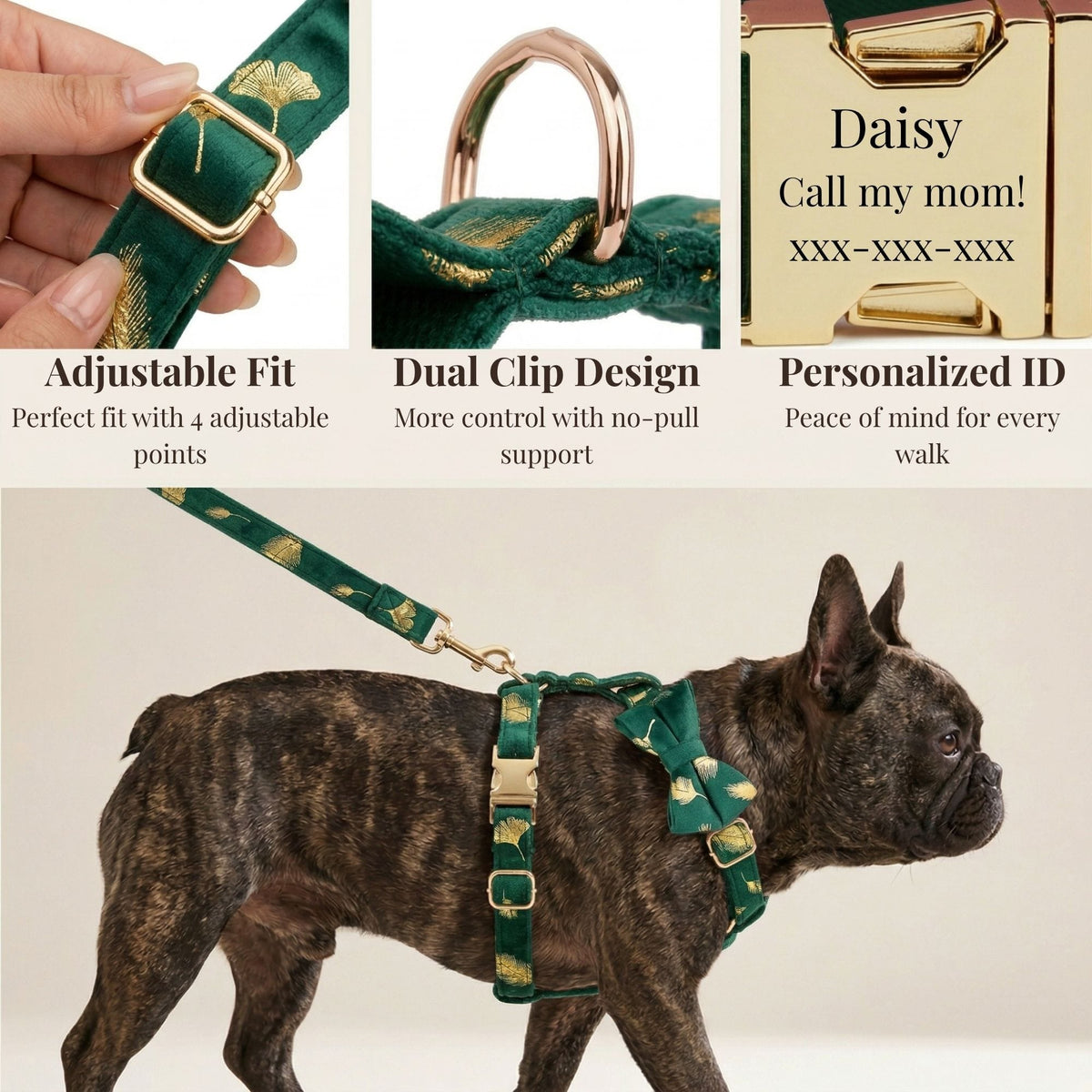 Personalized Green Velvet Dog Harness, Collar & Leash Set