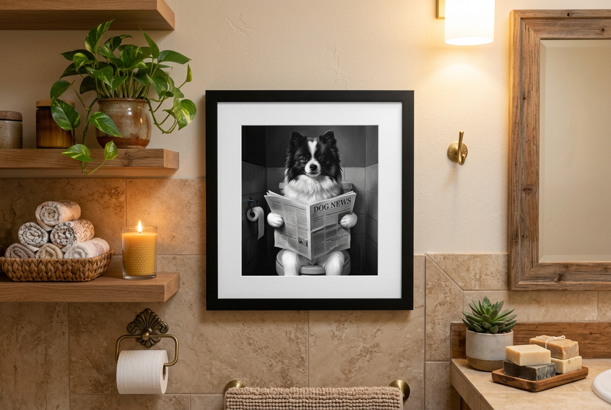 Black and White Pomeranian Framed Poster | Funny Dog Bathroom Art