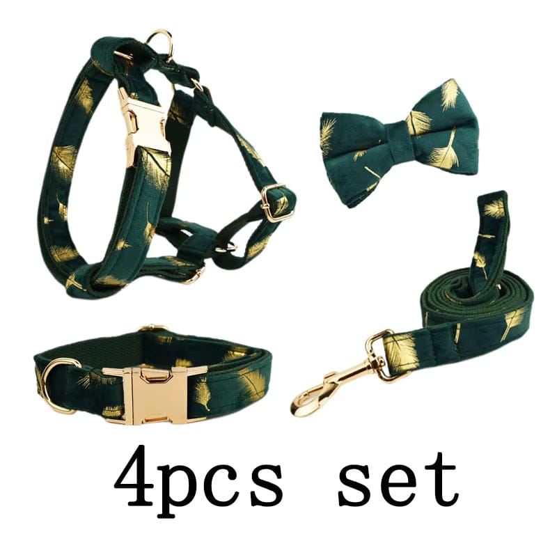 Personalized Green Velvet Dog Harness, Collar & Leash Set