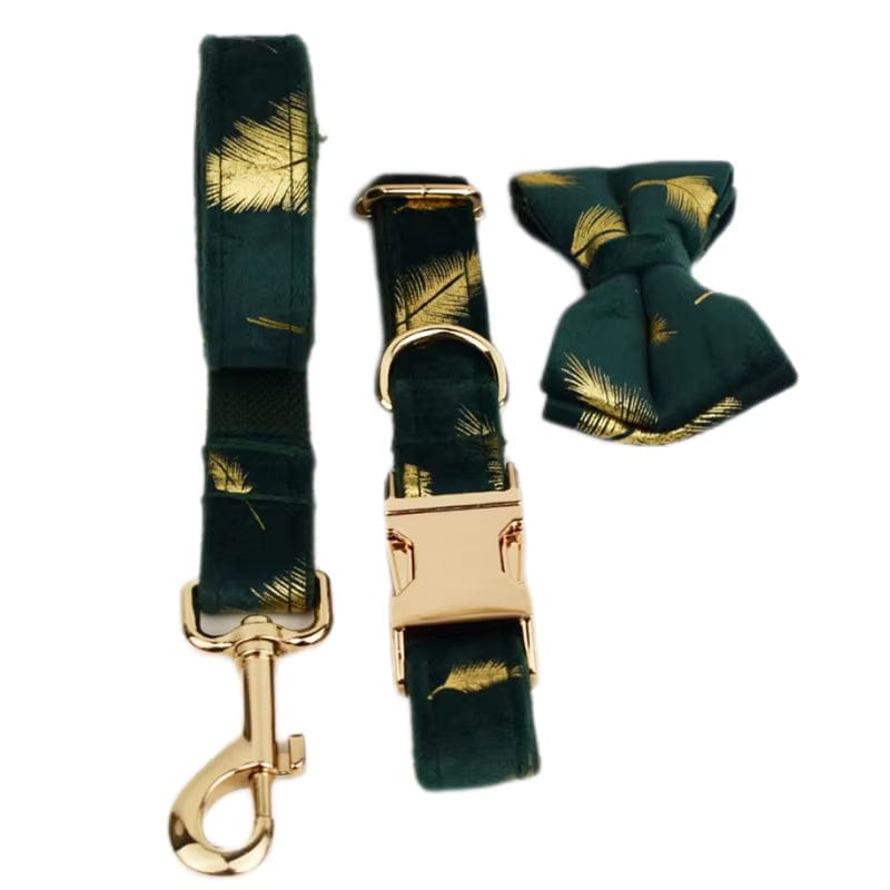 Personalized Green Velvet Dog Harness, Collar & Leash Set