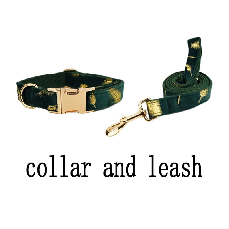 Personalized Green Velvet Dog Harness, Collar & Leash Set