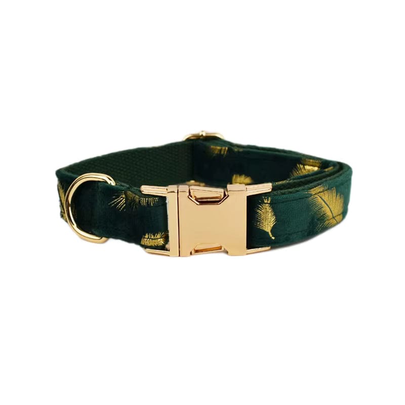 Personalized Green Velvet Dog Harness, Collar & Leash Set