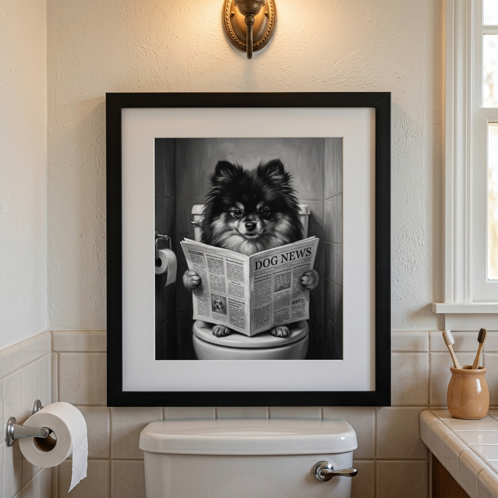 Black and Tan Pomeranian Framed Poster | Funny Dog Bathroom Art